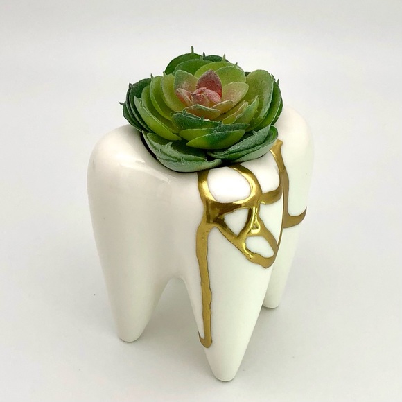 Kintsugi Planter Ceramic Tooth Gold Crack Dental Art Growth Gift Dentist - Picture 4 of 13